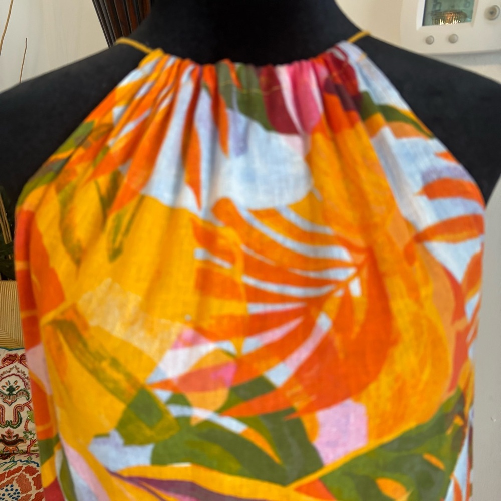 C & C California Linen Blend Tropical Palm Orange Colorful Long Shift Dress! Lg - Picture 4 of 13